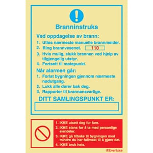 Branninstruks, Skilt - 15x20 cm.