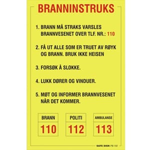 Branninstruks, skilt - 20x30 cm. pvc