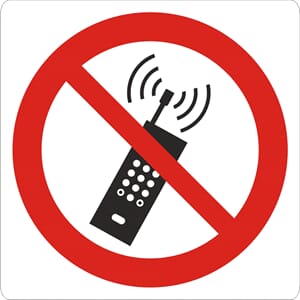 Mobiltelefon forbudt - Klebe hvit, 9x9 cm.