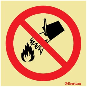 Forbudsskilt - Ikke slokk med vann, 15x15 cm.