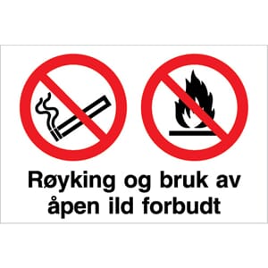 Forbudsskilt - Røyking og åpen ild forbudt, 30x20 cm.