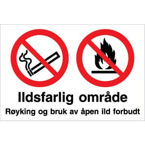Forbudsskilt - Ildsfarlig område, 30x20 cm.