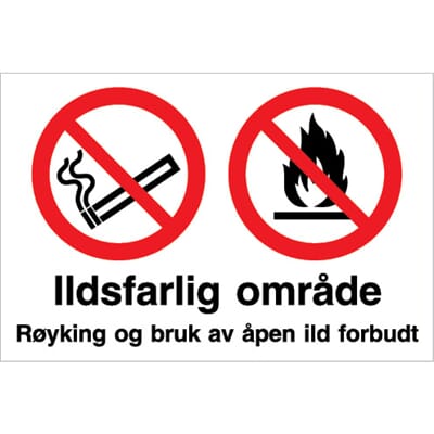 Forbudsskilt - Ildsfarlig område, 30x20 cm.