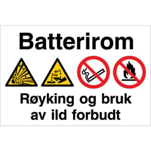 Forbudsskilt - Batterirom, 30x20 cm.