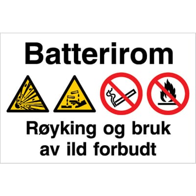 Forbudsskilt - Batterirom, 30x20 cm.