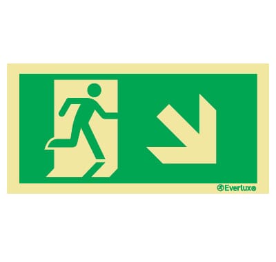 Utgang ved brann - Pil Skrå ned Høyre - 15x30 cm.