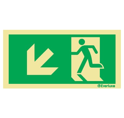 Utgang ved brann - Pil Skrå ned Venstre - 15x30 cm.