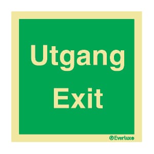 Utgang ved brann - "Utgang/Exit", 20x20 cm.