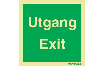 Utgang ved brann - "Utgang/Exit", 20x20 cm.
