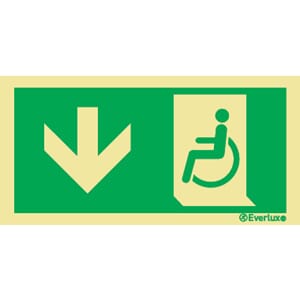 Rømningsskilt rullestol - Pil Ned, 15x30 cm.