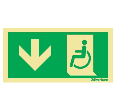 Rømningsskilt rullestol - Pil Ned, 15x30 cm.