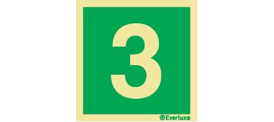Nødutgangsskilt - Tallet 3, 20x20 cm.