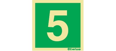Nødutgangsskilt - Tallet 5, 20x20 cm.