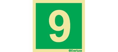 Nødutgangsskilt - Tallet 9, 20x20 cm.