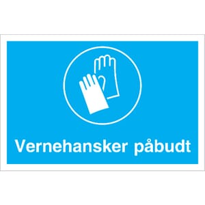 Påbudsskilt - Vernehansker påbudt, 30x20 cm.