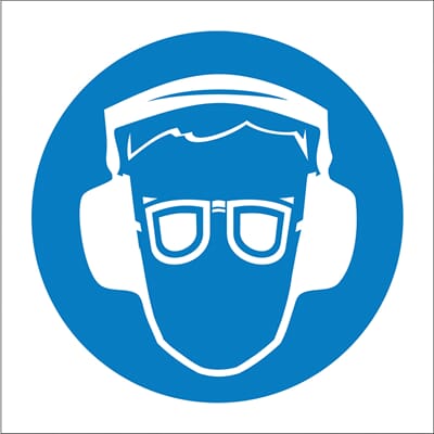 Påbudsskilt - Bruk hørselvern og briller, 20x20 cm., pvc