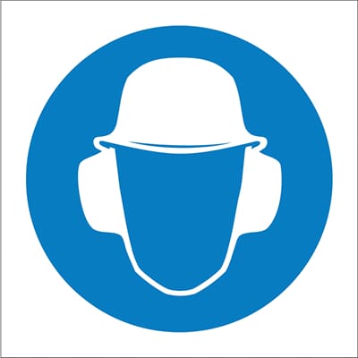 Påbudsskilt - Bruk Hjelm og Hørselvern, 20x20 cm., pvc