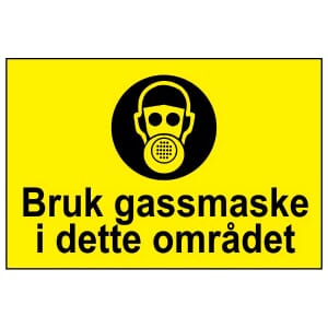 Varselskilt - Bruk gassmaske i dette området, 30x20 cm., pvc