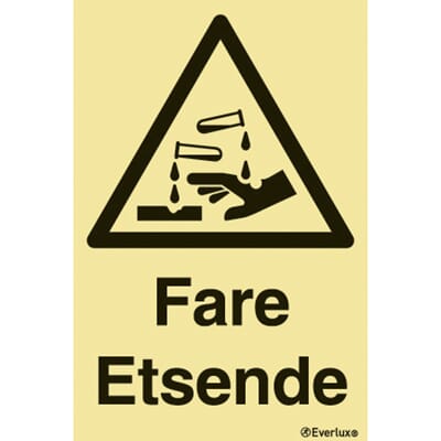 Varselskilt - Fare Etsende, 20x30 cm.