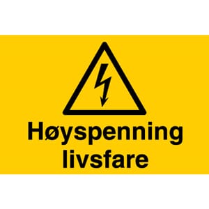 Varselskilt - Høyspenning livsfare, 30x20 cm.