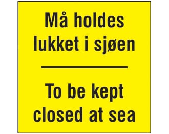 Varselskilt - Må holdes lukket i sjøen, 20x20 cm., pvc