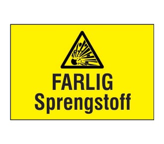 Varselskilt - Farlig sprengstoff, 30x20 cm., pvc